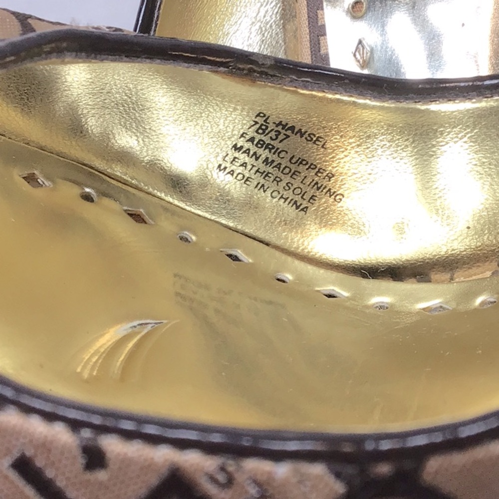 ⚜️BCBGirls Hansel Brown Lacquer Gold Leather Sole Sling Back Peep Toe Sz.7 - Picture 2 of 8